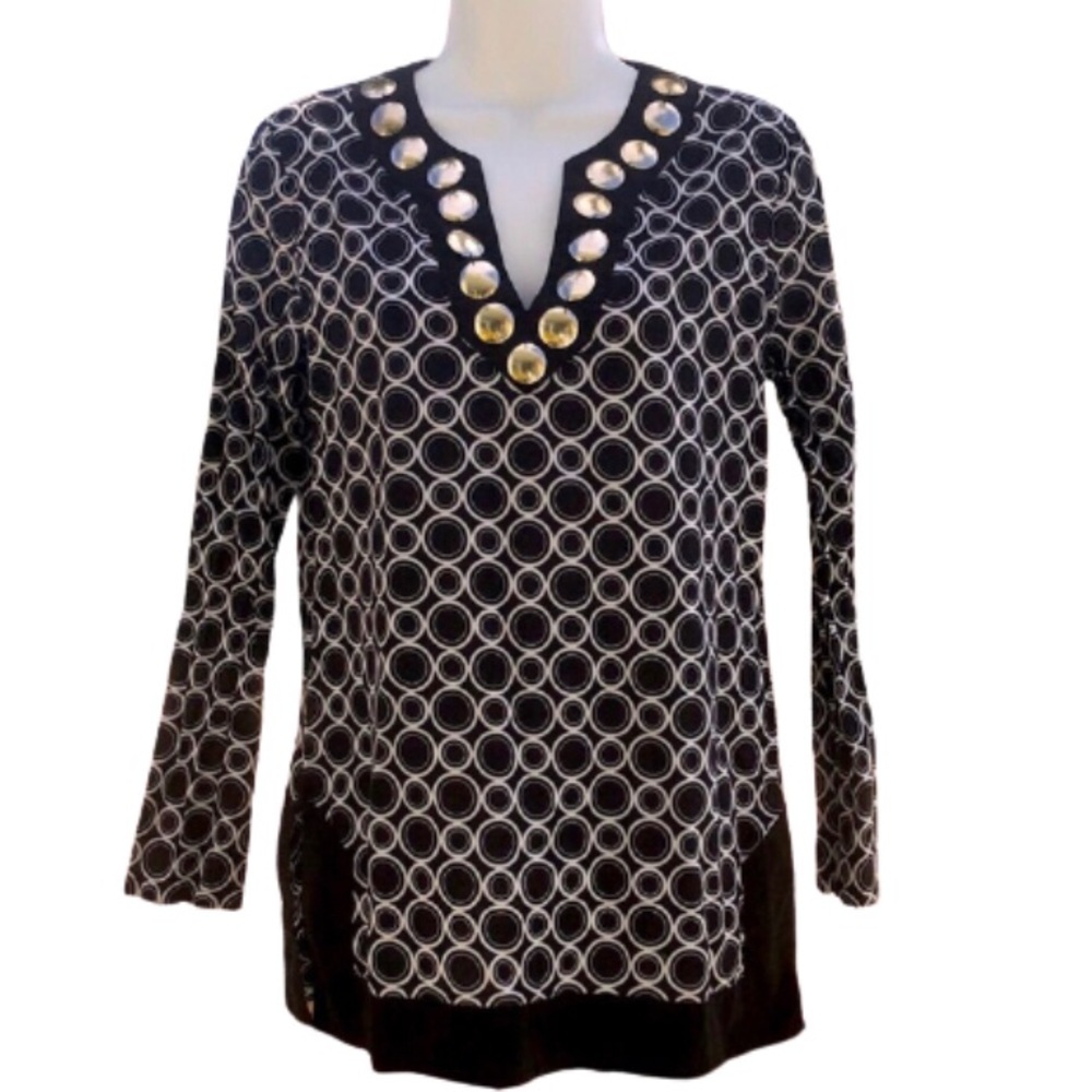 MICHAEL MICHAEL KORS BLACK/WHITE LONG SLEEVE SWIM COVERUP • METAL ACCENTS • sz S